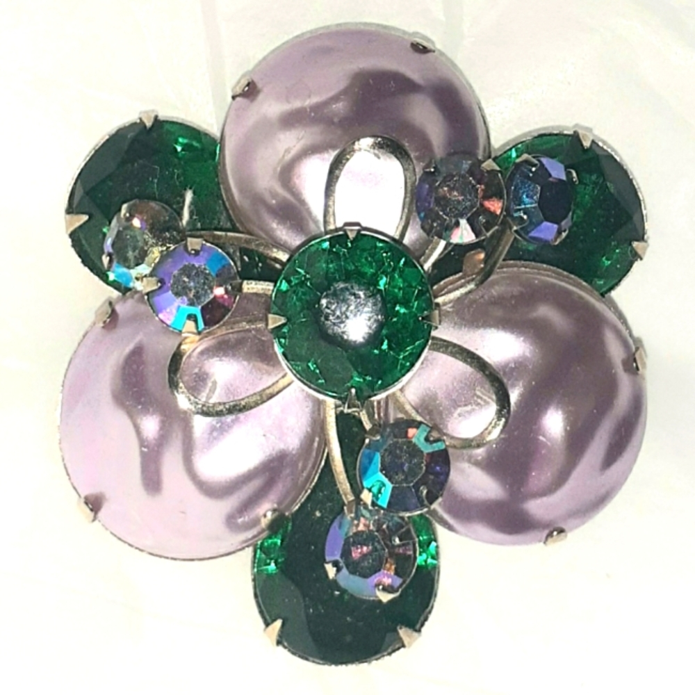Vtg Beau Jewels Green Mauve AB Pin Brooch